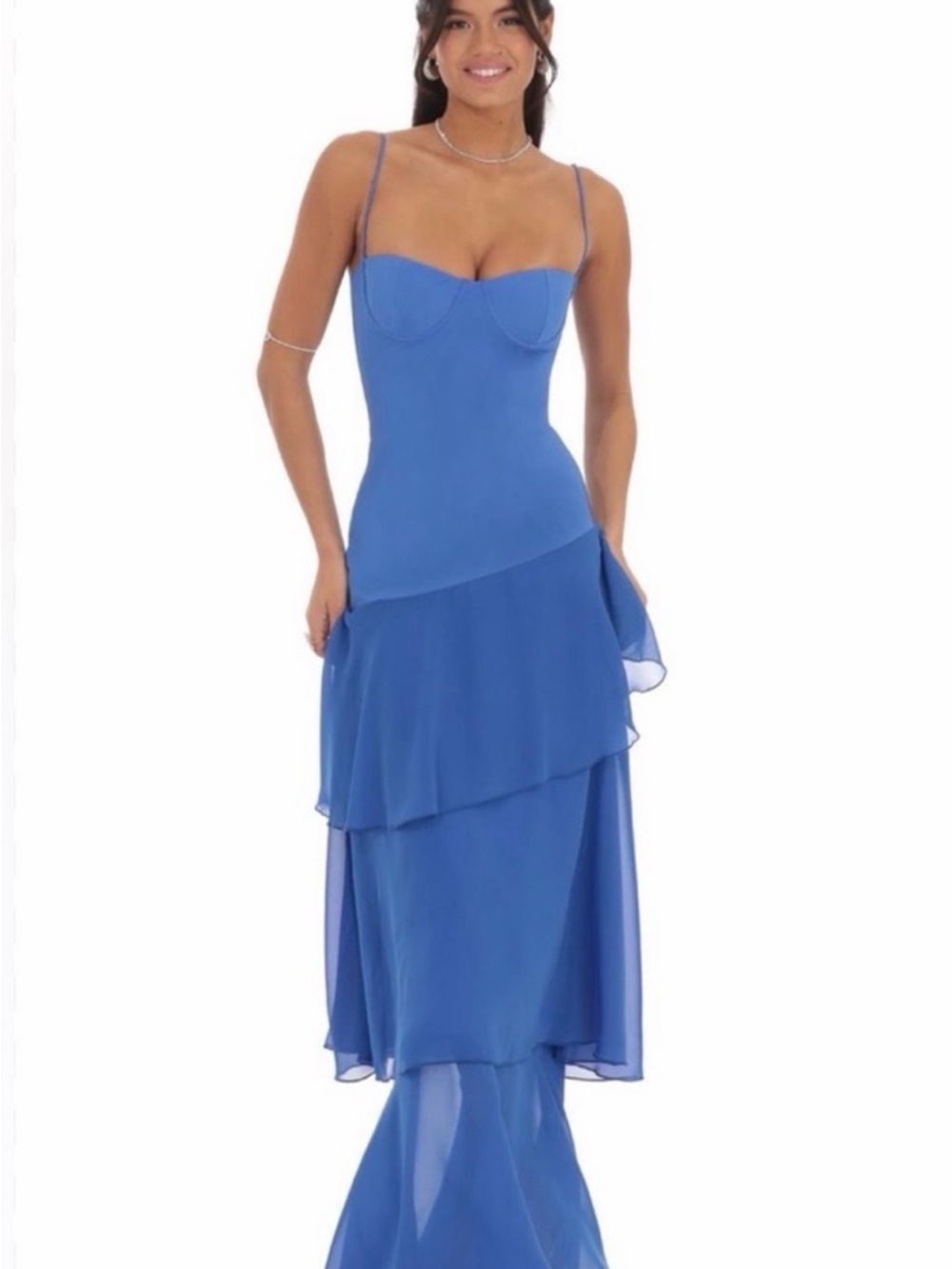 Blue Spaghetti-Strap Tiered Evening Dress